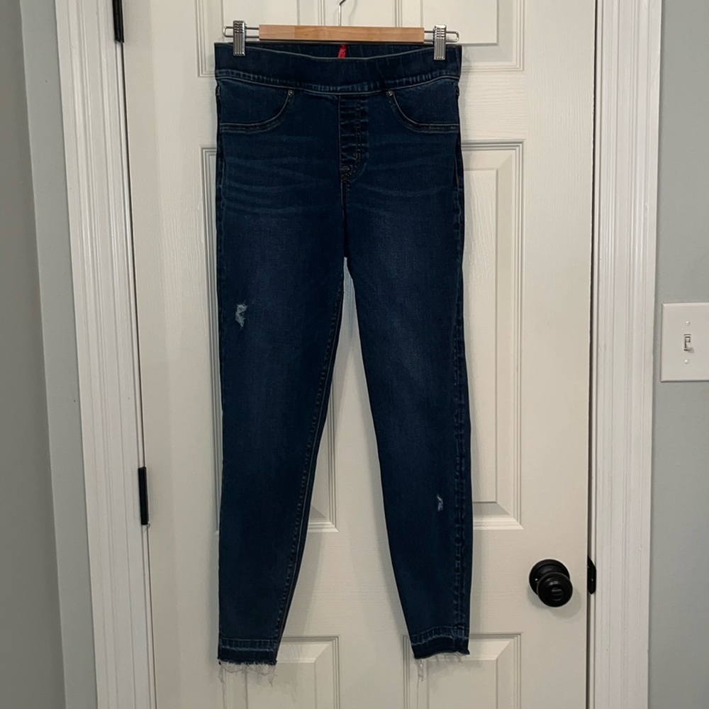 Spanx Women's Distressed High Rise Dark Wash Ankle Skinny Jean Sz M Stretch